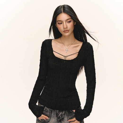 Ariseism美式复古设计感长袖T恤女秋季新款修身打底上衣 商品图3