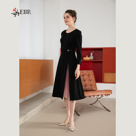 司歌简约拼风琴褶长袖连衣裙修身秋冬A901133X 商品图1