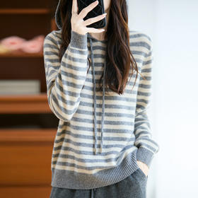 百媚生 100%纯羊毛宽松连帽条纹打底针织衫毛衣M2-456