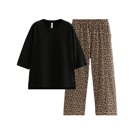 芬腾防凸点女士睡衣春秋季纯棉带胸垫长袖套装豹纹加大码家居服 商品图4