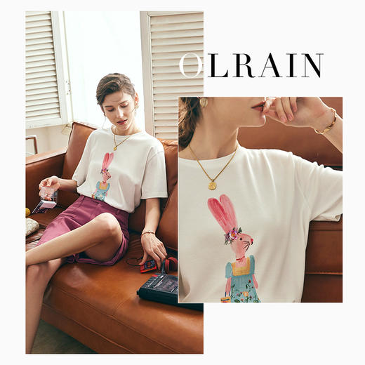 OLrain欧芮儿法式米白色短袖T恤女夏季2025新款宽松钉珠印花上衣 商品图0
