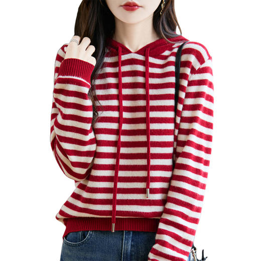 百媚生 100%纯羊毛宽松连帽条纹打底针织衫毛衣M2-456 商品图4