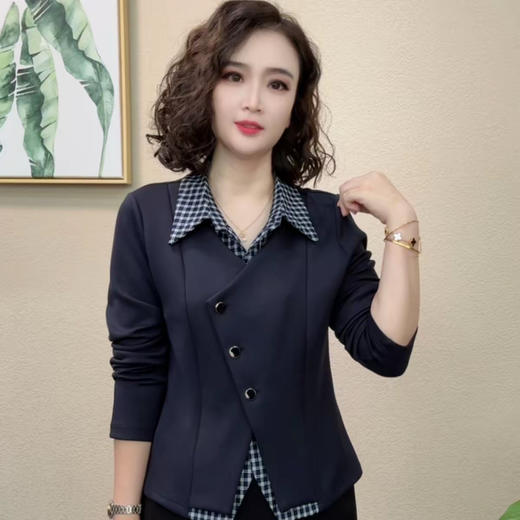 秋季新款休闲风气质时尚妈妈衬衫减龄显瘦假两件拼接长袖百搭上衣 商品图0