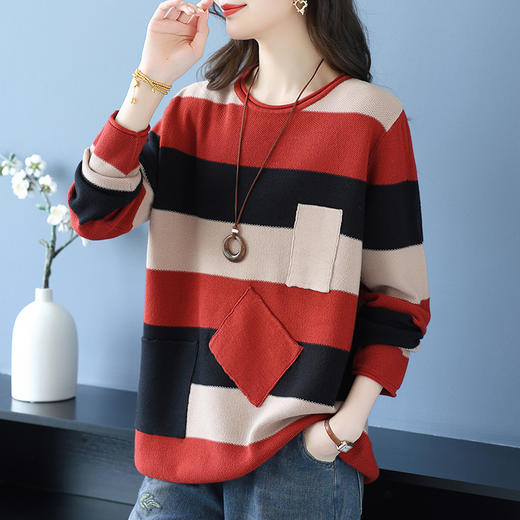 CC 37-3128妈妈拼色条纹针织衫洋气上衣 商品图0