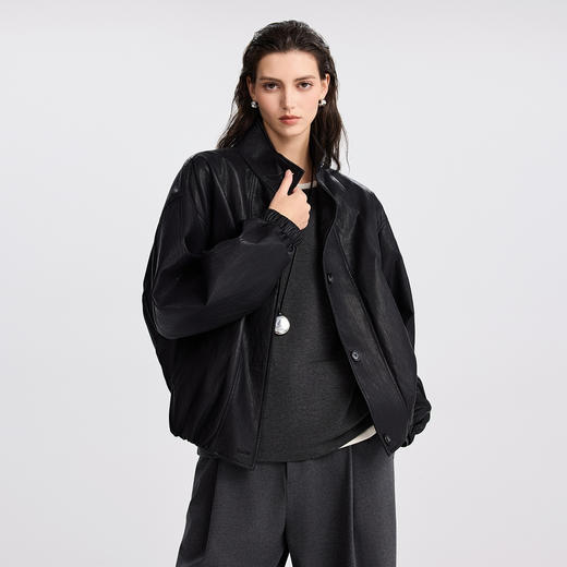棉仓366607027立领宽松PU蛋白皮外套女25秋冬肌理感廓形显瘦机车皮夹克上衣 商品图0