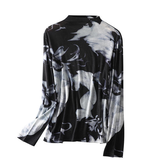 百媚生 100%绵羊毛女士印花长袖 气质半高领上衣CX-086 商品图4