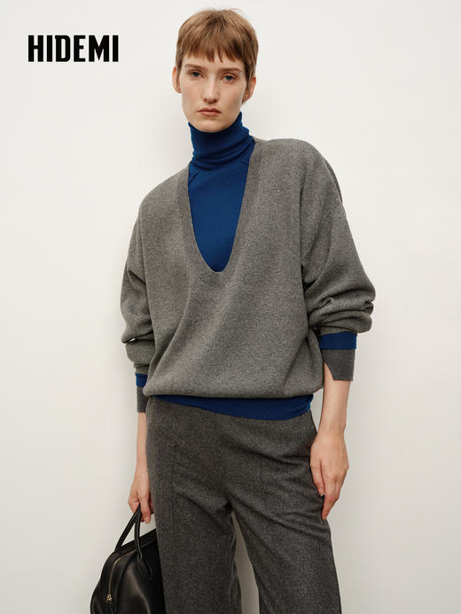 HIDEMI 进口澳洲美利奴羊毛U型领刺绣logo套头针织衫毛衣叠穿神器 商品图8