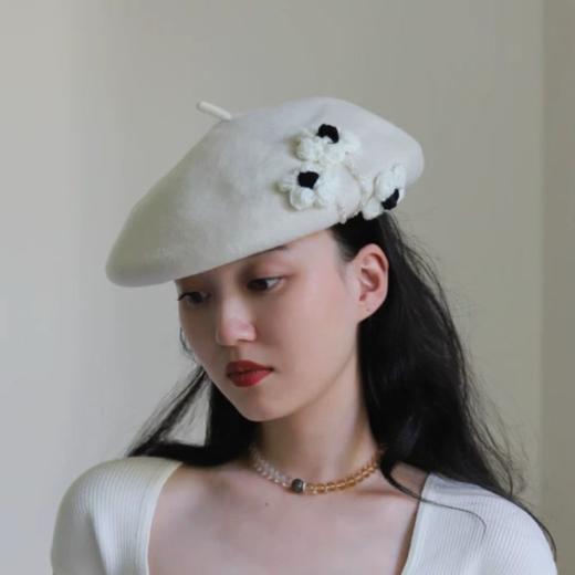 新款韩版花朵羊毛帽保暖贝雷帽显脸小女帽子毛呢画家帽 商品图0