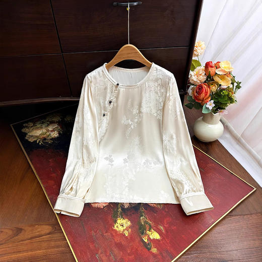 新中式斜襟衬衫2025年春季新款高端人丝提花复古国风百搭衬衣上衣 商品图1