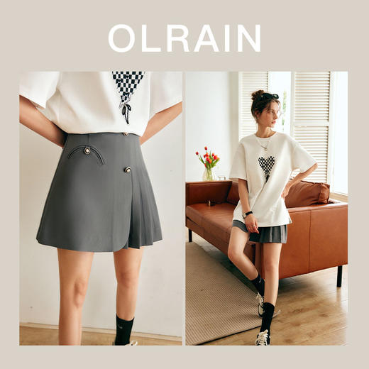 OLrain法式高级穿搭白色短袖T恤女夏季2022新款宽松棋盘印花上衣 商品图2