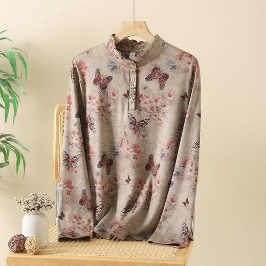 秋冬装新款印花立领套头打底衫上衣民族风时尚长袖妈妈T恤老太太 商品图3