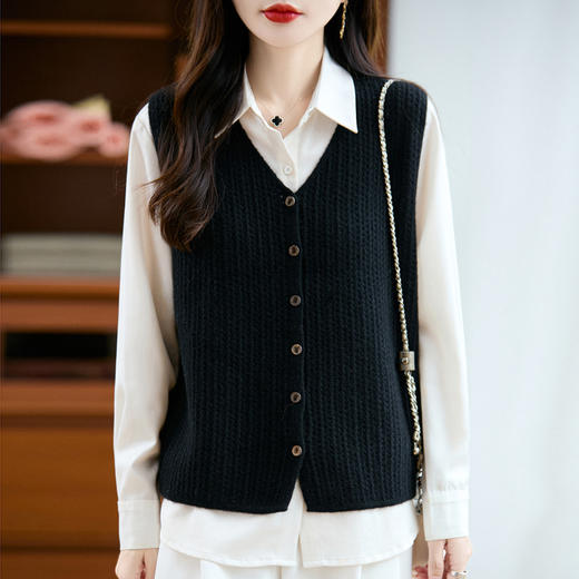 百媚生 100%纯羊毛V领宽松无袖叠穿坎肩针织马甲G089 商品图2