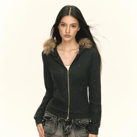 Ariseism 美式复古可拆卸毛领小恶魔连帽卫衣外套女秋短款上衣 商品图1