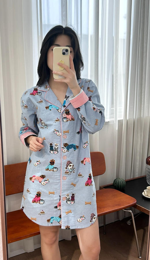 官网399！P.J.Sawage全棉磨毛男友风家居服睡裙女 可外穿性感衬衫长袖裙pjs 商品图2