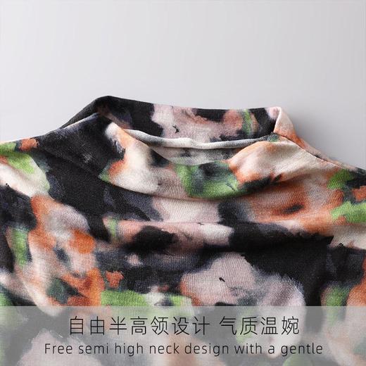 百媚生 100%绵羊毛女士印花长袖 气质半高领上衣CX-086 商品图2