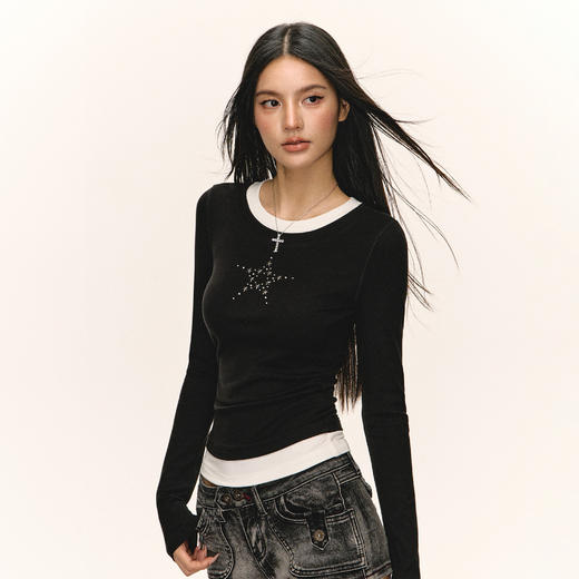 Ariseism美式复古设计感撞色长袖T恤女秋季新款修身打底上衣 商品图1
