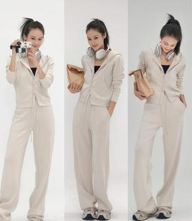 Lu*家同款双开拉链连帽卫衣+阔腿休闲裤套装