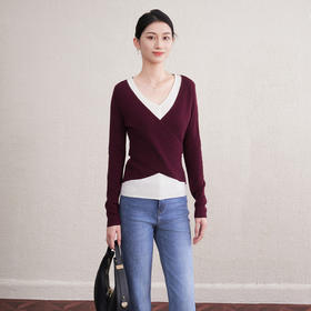 「自」全新升级【铂金会员349/天猫469/差价120】(00658)洛诗琳新款假两件针织羊毛衫2025秋冬拼接撞色交叉V领上衣女
