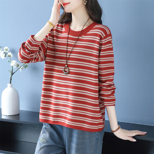 CC 37-3123条纹拼色圆领打底衫洋气减龄休闲宽松针织衫 商品图1