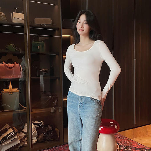 官网399！U家椰油美肤圆领肌底衣 秋冬女士保暖长袖T恤打底衫高弹修身内搭上衣 商品图1