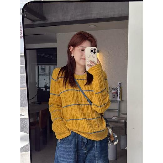 25AW上新 佳佳同款【芒果圈】圆领麻花纹路横线感套头毛衣长袖百搭慵懒撞色 商品图1