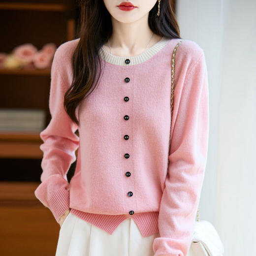 百媚生 100%羊毛圆领假两件拼色套头打底针织衫毛衣M2-452 商品图3