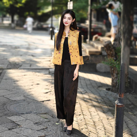 MYJ 知性优雅三件套旗袍休闲时尚民族风印花马甲内搭 商品图1