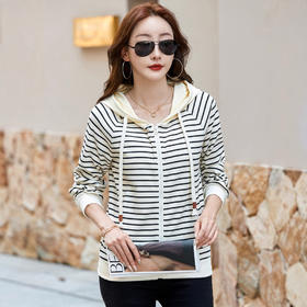 百媚生 棉质条纹连帽宽松T恤卫衣82532