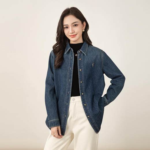 百媚生 天丝棉牛仔衬衫外套女秋冬加绒加厚复古叠穿上衣65729 商品图0