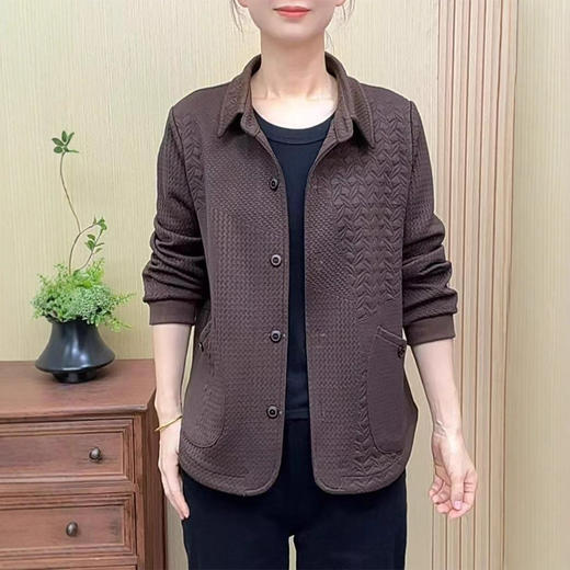 纯色翻领短外套休闲妈妈装E秋季新款立体提花宽松遮肚子长袖开衫 商品图1