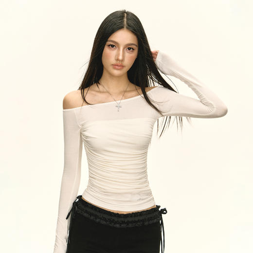 Ariseism美式复古设计感斜肩长袖T恤女秋季新款修身打底上衣 商品图0