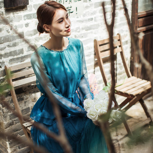 【林栖设计小店】真丝衫青绿渐变花边显瘦2025秋冬新款桑蚕丝长袖上衣女T1954197 商品图2