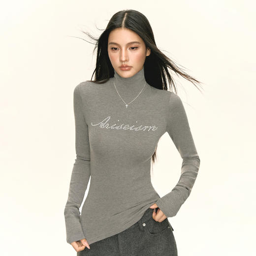 Ariseism 美式复古小高领烫钻长袖T恤女秋季新款修身打底上衣 商品图0