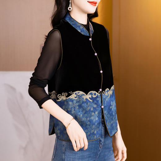 新中式刺绣马甲女款秋真丝丝绒立领盘扣上衣外套国风无袖坎肩背心 商品图3