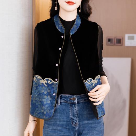 新中式刺绣马甲女款秋真丝丝绒立领盘扣上衣外套国风无袖坎肩背心 商品图2