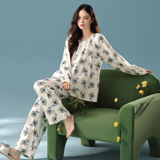 芬腾睡衣女春秋季新款抗菌纯棉圆领长袖套装花卉休闲加大码家居服 商品图0