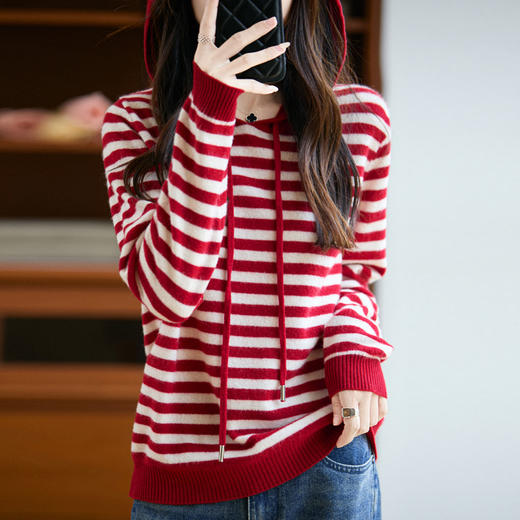 百媚生 100%纯羊毛宽松连帽条纹打底针织衫毛衣M2-456 商品图3