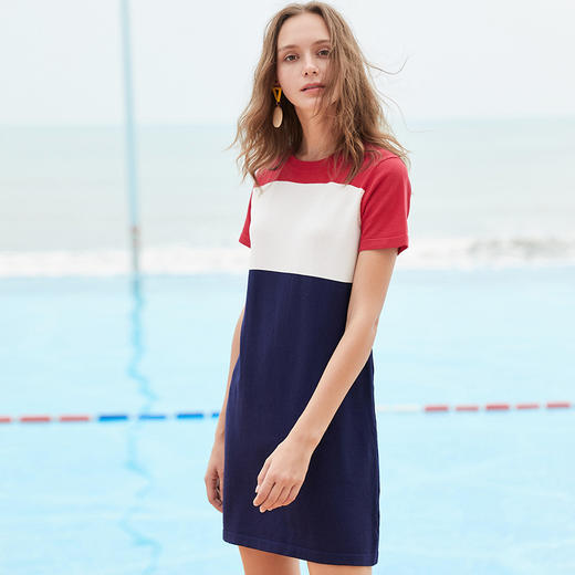欧芮儿夏撞色针织衫女中长款收腰显瘦连衣裙女裙子 商品图0