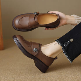 【预售5天】法式深口单鞋女春秋季圆头中跟平底鞋真皮粗跟乐福鞋女168XY&168924