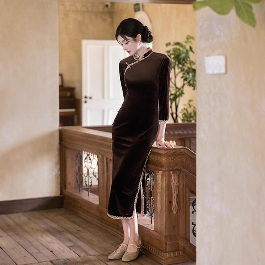 SKY 23047复古中国风丝绒花边收腰显瘦中式旗袍 商品图1