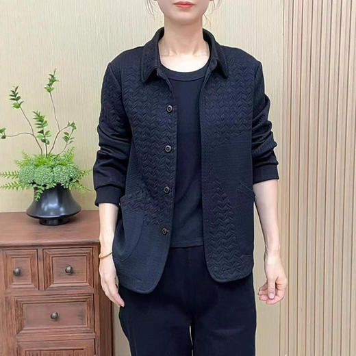 纯色翻领短外套休闲妈妈装E秋季新款立体提花宽松遮肚子长袖开衫 商品图2