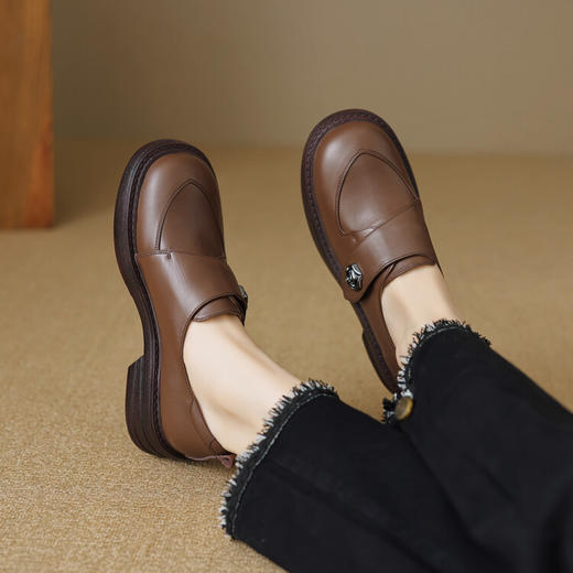 【预售5天】法式深口单鞋女春秋季圆头中跟平底鞋真皮粗跟乐福鞋女168XY&168924 商品图2