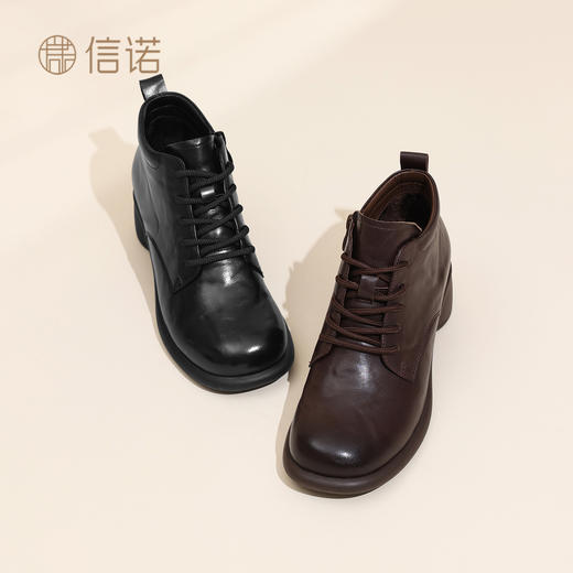 信诺妈妈短靴复古粗跟马丁靴女软底真皮加绒保暖棉鞋2025冬季新款5M255-3D 商品图1