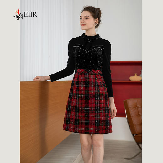 司歌丝绒拼粗花呢格子假两件连衣裙秋冬复古优雅A901197X 商品图1