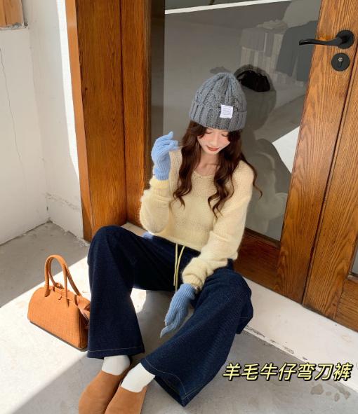 老米优品🎈3-5天发！温暖帅气的羊毛牛仔弯刀裤！450g高克重，品质nice~~  柔软舒适又保暖，挺括有型，微微镰刀的裤型设计显腿长，各种身材轻松驾驭； 商品图5