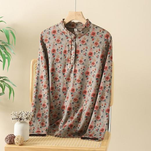 秋冬装新款印花立领套头打底衫上衣民族风时尚长袖妈妈T恤老太太 商品图4