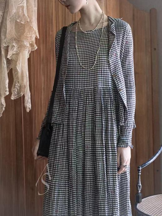 Maku 25AW 黑白细格纹手织挑花棉长袖连衣裙 商品图8