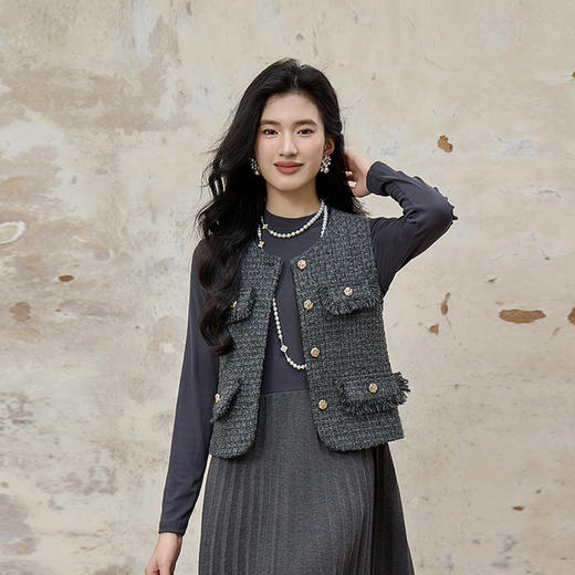 奢姿大码女装2025秋季时尚小香风粗花呢马甲胖妹妹气质减龄上衣9954394284A 商品图2