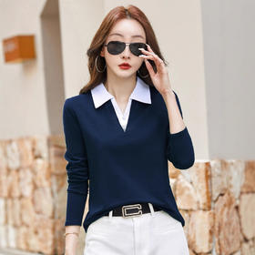 百媚生 棉质长袖翻领撞色T恤假两件82531