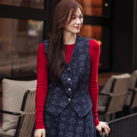 【林栖设计小店】【草木丹宁】雾织山花系列牛仔棉马甲复古提花修身2025秋冬新款外套女1954057